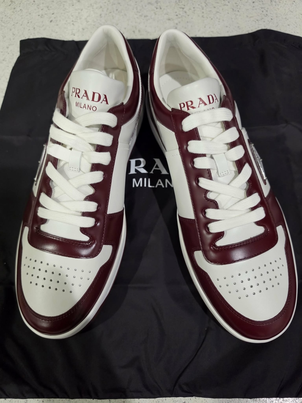 Prada Men’s White and Burgundy Leather Low-Top Sneakers